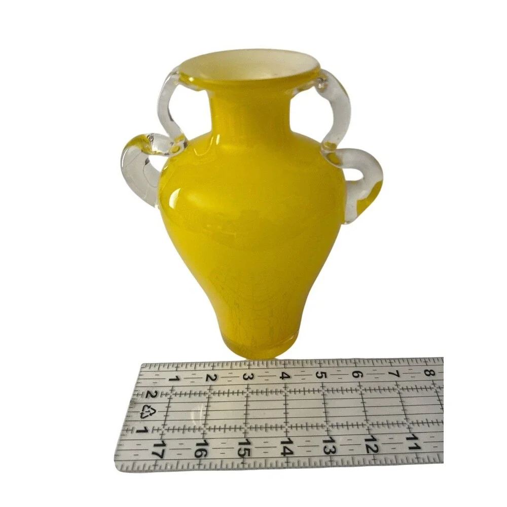 Hand Blown Lemon Yellow Art Glass Vase Clear Applied Loop Handles 8